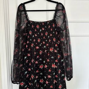 Floral Black Dress with Sheer Sleeves